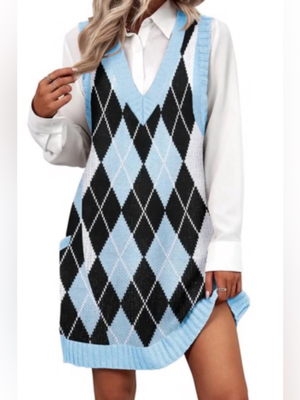 Argyle V-Neck Knit Sleeveless Sweater-Dress in Light Blue, Black & White